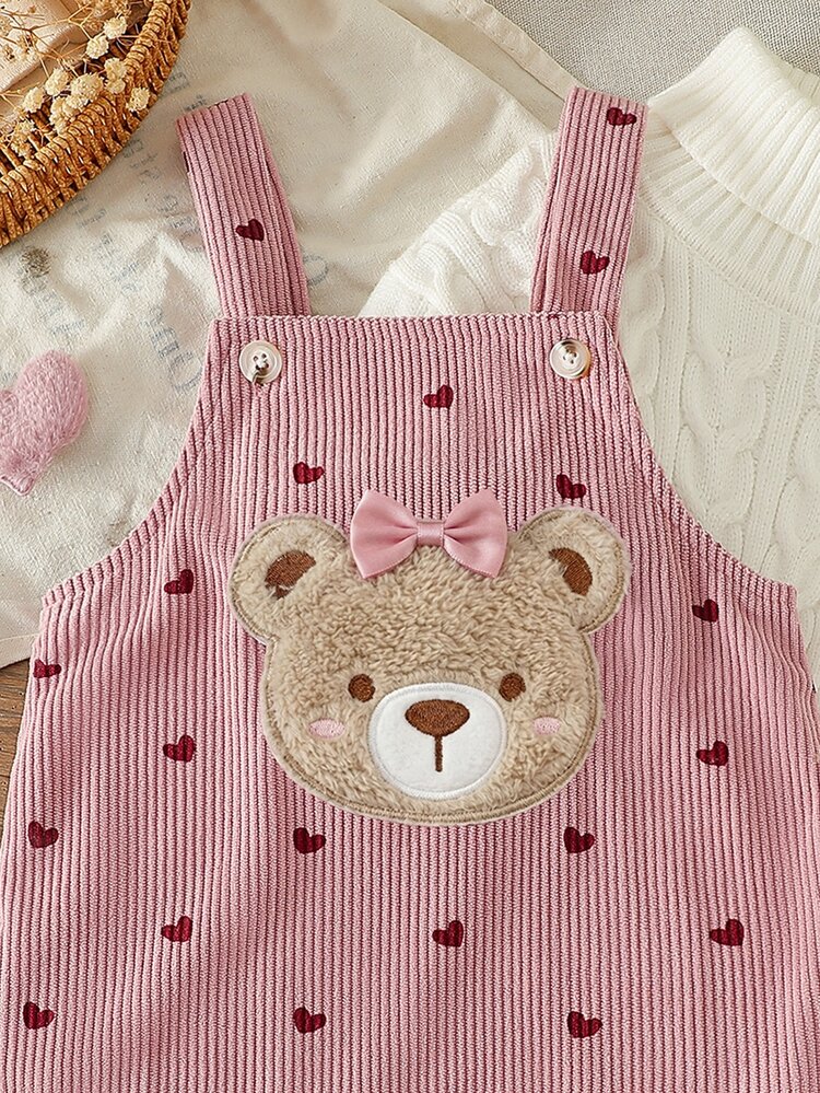 SHEIN 2pcs Baby Girl Pinafore Dress Sweater Cute Sweet Pink White Heart Print Bear Bow Sleeveless Turtleneck Birthday Fall Winter Christmas Holiday Corduroy - Pink - View 6