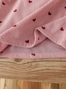 SHEIN 2pcs Baby Girl Pinafore Dress Sweater Cute Sweet Pink White Heart Print Bear Bow Sleeveless Turtleneck Birthday Fall Winter Christmas Holiday Corduroy - Pink - View 5