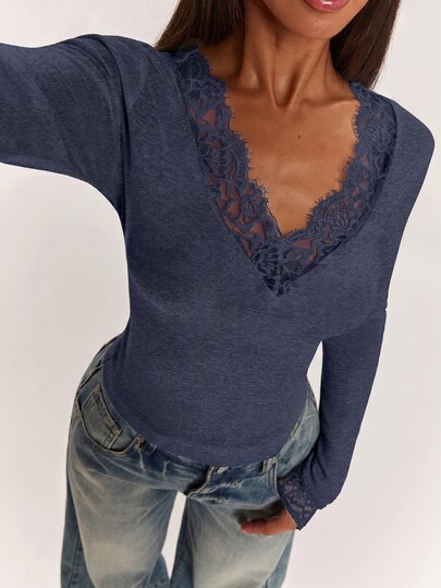 SHEIN BAE ملابس علوية نسائية أنيقة مثيرة من الكشمير المحبوك مع تطريز دانتيل، بياقة V عميقة، خفيفة الوزن وشفافة، ملابس علوية للتنقل، ملابس علوية أنيقة مثيرة، ملابس علوية داخلية للخريف، ملابس علوية كاجوال، ملابس علوية للعمل، ملابس علوية دانتيل، ملابس علوية للخروج