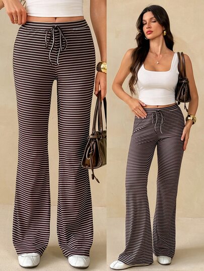 SHEIN Tall بنطلون نسائي كاجوال مخطط برباط خصر وساق واسعة