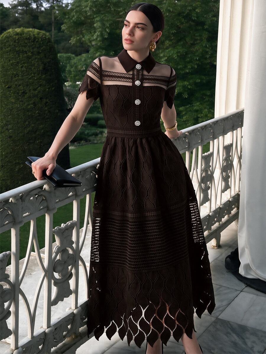 Anewsta Women's Contrast Lace Mesh Button Design Short Sleeve Elegant Long Dress - Coffee Brown - View 1