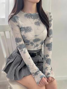 DAZY Floral Print Ruched Side Chiffon Crop Top Without Bra Festival Long Sleeve Women Tops - Blue - View 7