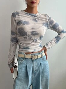 DAZY Floral Print Ruched Side Chiffon Crop Top Without Bra Festival Long Sleeve Women Tops - Blue - View 6