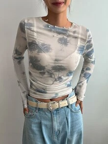 DAZY Floral Print Ruched Side Chiffon Crop Top Without Bra Festival Long Sleeve Women Tops - Blue - View 3
