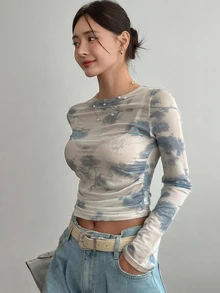 DAZY Floral Print Ruched Side Chiffon Crop Top Without Bra Festival Long Sleeve Women Tops - Blue - View 1
