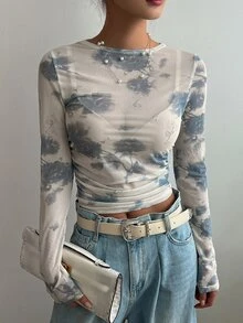 DAZY Floral Print Ruched Side Chiffon Crop Top Without Bra Festival Long Sleeve Women Tops - Blue - View 4