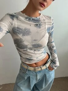 DAZY Floral Print Ruched Side Chiffon Crop Top Without Bra Festival Long Sleeve Women Tops - Blue - View 2