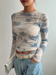 DAZY Floral Print Ruched Side Chiffon Crop Top Without Bra Festival Long Sleeve Women Tops - Blue - View 5
