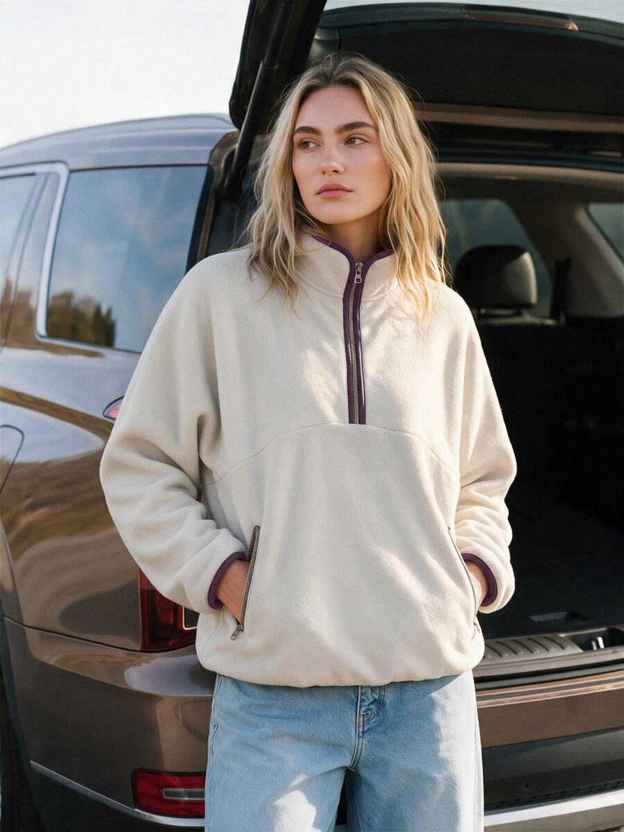 WanderVale Jaket Fleece Lengan Panjang Kerah Tegak Satu Potong untuk Wanita (Model Reguler) - Aprikot - View 1
