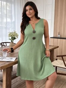 Weeklong Plus Size Women's Casual V-Neck Sleeveless Loose A-Line Textured Knit Mini Dress, Spring/Summer Elegant - Green - View 4