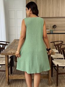 Weeklong Plus Size Women's Casual V-Neck Sleeveless Loose A-Line Textured Knit Mini Dress, Spring/Summer Elegant - Green - View 2