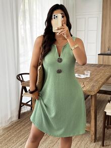 Weeklong Plus Size Women's Casual V-Neck Sleeveless Loose A-Line Textured Knit Mini Dress, Spring/Summer Elegant - Green - View 1