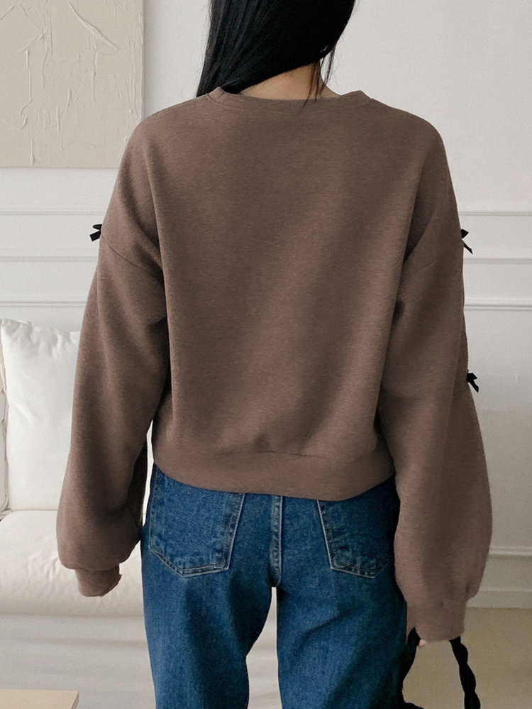 DAZY Contrast Color Bow Decor Round Neck Loose Fit Women Sweatshirt Fall/Winter - Brown - View 2