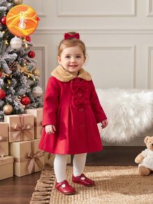 SHEIN Baby Girls' Faux Fur Collar Bow Decor Trench Coat, Autumn/Winter Fall Wedding Formal Club Wedding Guest Red Cute Kawaii - Multicolor - View 4