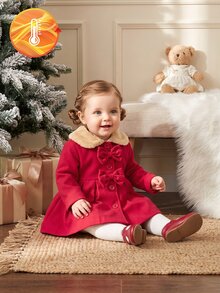SHEIN Baby Girls' Faux Fur Collar Bow Decor Trench Coat, Autumn/Winter Fall Wedding Formal Club Wedding Guest Red Cute Kawaii - Multicolor - View 3