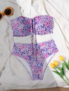 SHEIN Swim Women Beach Summer Outfits, New Ruffled Tube Top & Ditsy Floral Matching Pearl Decor Drawstring Bikini Set Set - Multicolor - View 7
