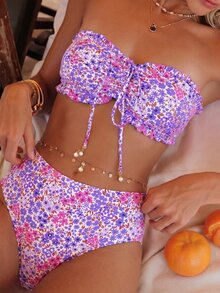 SHEIN Swim Women Beach Summer Outfits, New Ruffled Tube Top & Ditsy Floral Matching Pearl Decor Drawstring Bikini Set Set - Multicolor - View 1