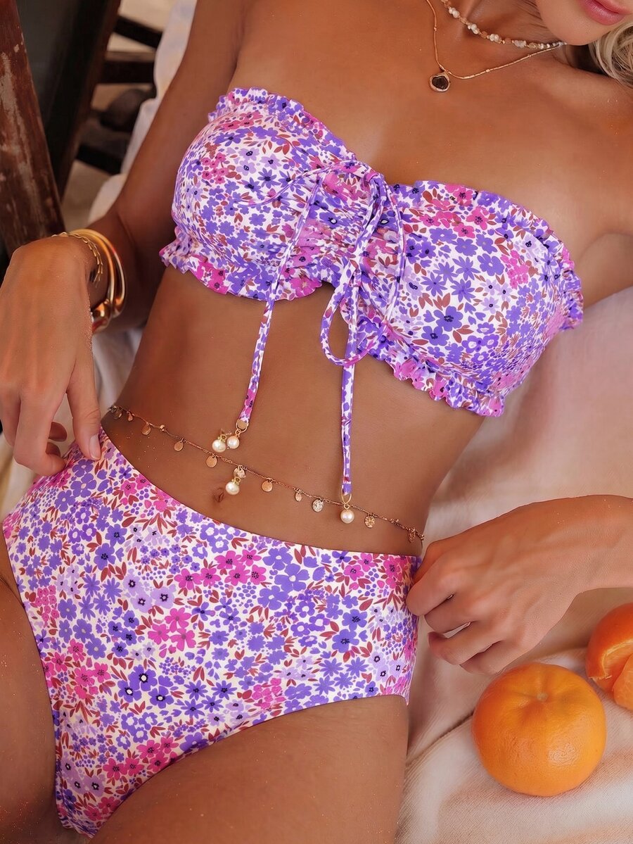 SHEIN Swim Women Beach Summer Outfits, New Ruffled Tube Top & Ditsy Floral Matching Pearl Decor Drawstring Bikini Set Set - Multicolor - View 1