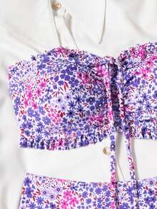 SHEIN Swim Women Beach Summer Outfits, New Ruffled Tube Top & Ditsy Floral Matching Pearl Decor Drawstring Bikini Set Set - Multicolor - View 3