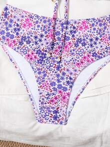 SHEIN Swim Women Beach Summer Outfits, New Ruffled Tube Top & Ditsy Floral Matching Pearl Decor Drawstring Bikini Set Set - Multicolor - View 5