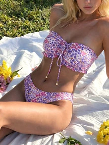 SHEIN Swim Women Beach Summer Outfits, New Ruffled Tube Top & Ditsy Floral Matching Pearl Decor Drawstring Bikini Set Set - Multicolor - View 4