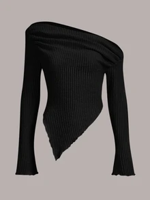 Sweetina Y2K Grunge Asymmetrical Neck Lettuce Trim Tee Asymmetrical Top One Shoulder Top Black Top,Fall - Black - View 2