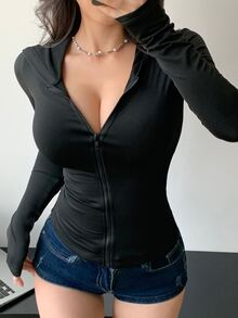 DAZY Women's Solid Color Fitted Hooded T-Shirt, Autumn Long Sleeve Women Tops,Thermal Lined - Black - View 8