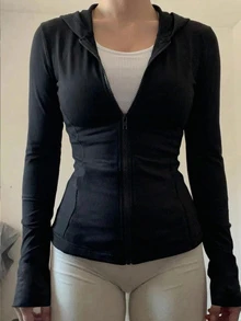 DAZY Women's Solid Color Fitted Hooded T-Shirt, Autumn Long Sleeve Women Tops,Thermal Lined - Black - View 9