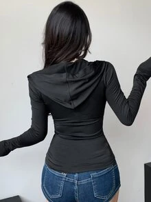 DAZY Women's Solid Color Fitted Hooded T-Shirt, Autumn Long Sleeve Women Tops,Thermal Lined - Black - View 7