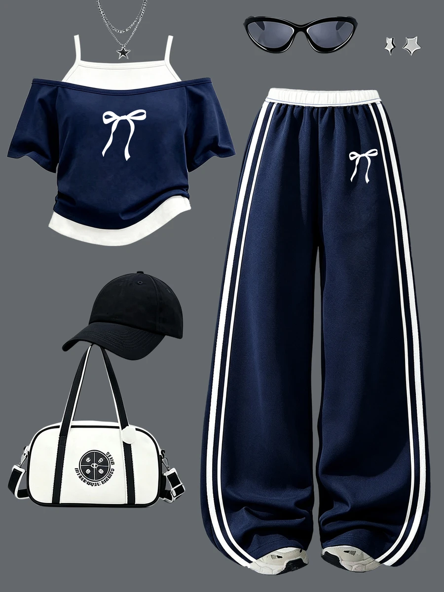 Tween Girls Fall Bow Print Off-Shoulder T-Shirt & Striped Wide Leg Pants Set, Back To School Casual Autumn Outfit - Multicolor - View 1