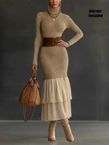 SHEIN Maillard High Neck Ribbed Knit Dress For Women, Long Sleeve, Waist-Cinching, Chiffon Patchwork, Asymmetrical Slit, Fishtail Long Dress - Khaki - View 6