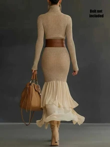 SHEIN Maillard High Neck Ribbed Knit Dress For Women, Long Sleeve, Waist-Cinching, Chiffon Patchwork, Asymmetrical Slit, Fishtail Long Dress - Khaki - View 3