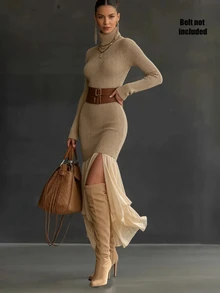 SHEIN Maillard High Neck Ribbed Knit Dress For Women, Long Sleeve, Waist-Cinching, Chiffon Patchwork, Asymmetrical Slit, Fishtail Long Dress - Khaki - View 5