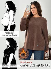 Easowa Curve Plus Size Fall /Winter Clothes Casual Colorblock Striped Drop Shoulder Side Slit Tee Holiday Outfit - Brown - View 2