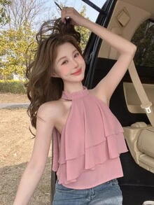 DAZY 女士时尚露肩 V 领纯色吊带衬衫，短款上衣，女士外出上衣 - 藕粉色 - 查看 3
