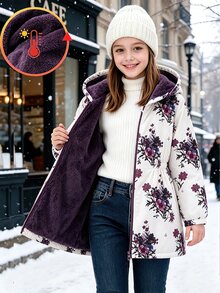 SHEIN Tween女孩休閒可愛酷女孩返校秋季米白色花卉印花連帽拉鍊長袖夾克外套 - 彩色 - 查看 1