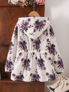 SHEIN Tween女孩休閒可愛酷女孩返校秋季米白色花卉印花連帽拉鍊長袖夾克外套 - 彩色 - 查看 2