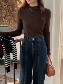 DAZY Women's Turtleneck Long Sleeve Fitted Basic T-Shirt, Casual & Fashionable For Everyday Wear,Fall Clothes - Coffee Brown - View 5