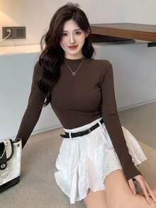 DAZY Women's Turtleneck Long Sleeve Fitted Basic T-Shirt, Casual & Fashionable For Everyday Wear,Fall Clothes - Coffee Brown - View 10