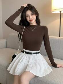 DAZY Women's Turtleneck Long Sleeve Fitted Basic T-Shirt, Casual & Fashionable For Everyday Wear,Fall Clothes - Coffee Brown - View 11