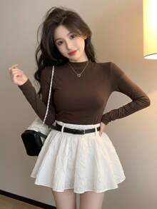 DAZY Women's Turtleneck Long Sleeve Fitted Basic T-Shirt, Casual & Fashionable For Everyday Wear,Fall Clothes - Coffee Brown - View 8