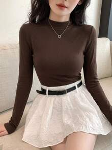 DAZY Women's Turtleneck Long Sleeve Fitted Basic T-Shirt, Casual & Fashionable For Everyday Wear,Fall Clothes - Coffee Brown - View 9