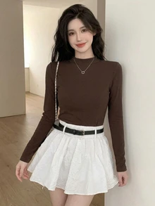 DAZY Women's Turtleneck Long Sleeve Fitted Basic T-Shirt, Casual & Fashionable For Everyday Wear,Fall Clothes - Coffee Brown - View 1