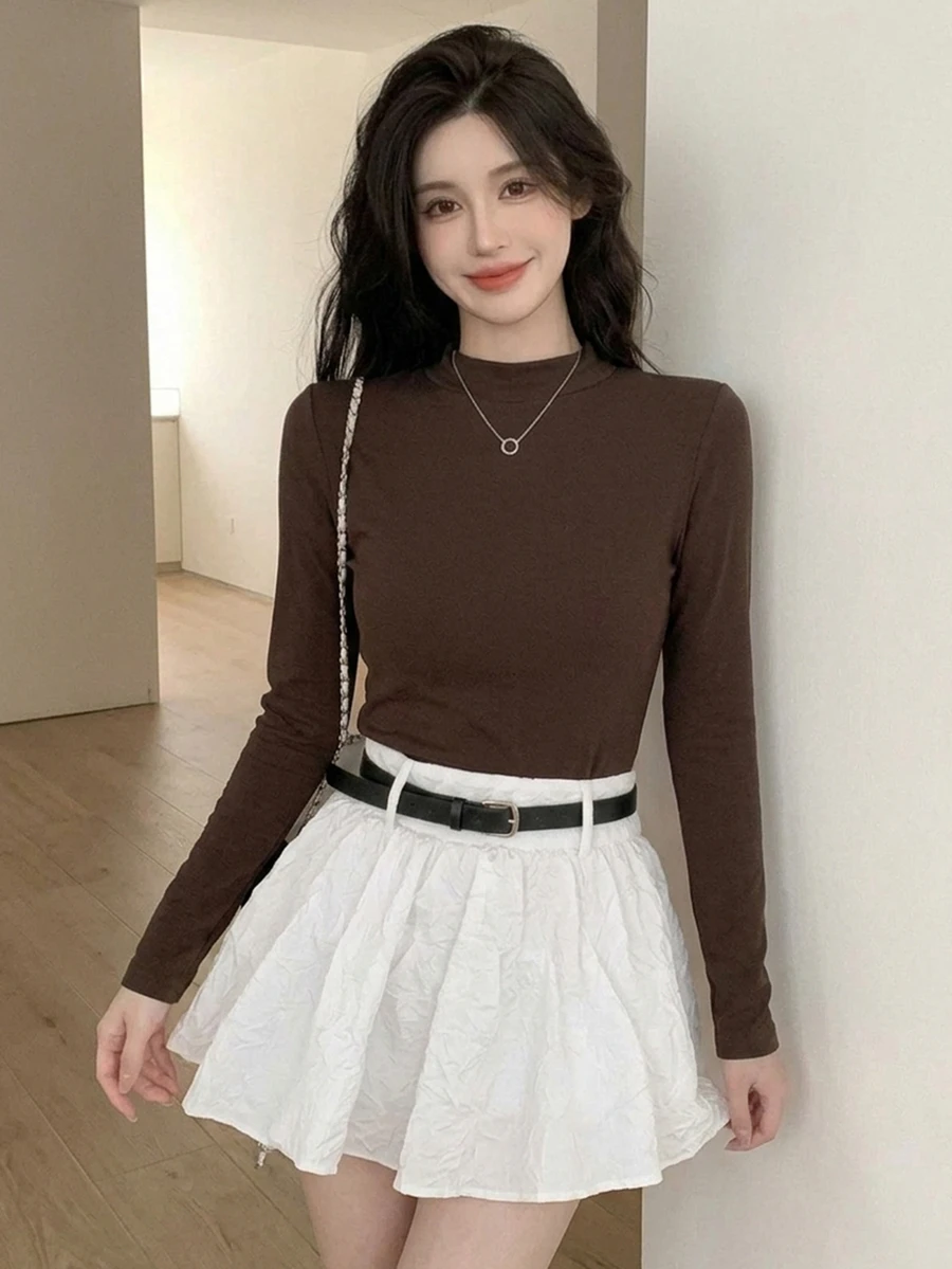 DAZY Women's Turtleneck Long Sleeve Fitted Basic T-Shirt, Casual & Fashionable For Everyday Wear,Fall Clothes - Coffee Brown - View 1