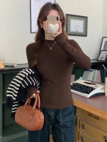 DAZY Women's Turtleneck Long Sleeve Fitted Basic T-Shirt, Casual & Fashionable For Everyday Wear,Fall Clothes - Coffee Brown - View 3
