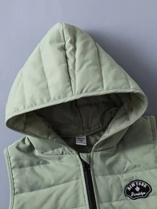 SHEIN 3 件装年轻男孩字母图案连帽加垫背心和羊毛运动衫和运动裤休闲套装，秋冬 - 綠色 - 查看 6