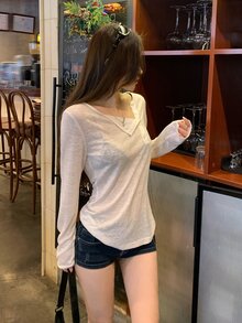 DAZY Women's Round Neck Button Oblique Placket Loose Casual Cover Up, Versatile Spring Top Summer Long Sleeve - White - View 3