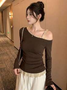 DAZY Women's Contrast Color Lace Trim Asymmetric Neck T-Shirt - Coffee Brown - View 1