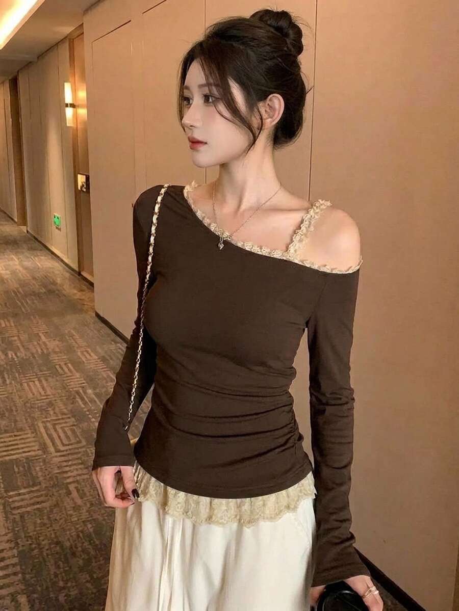 DAZY Women's Contrast Color Lace Trim Asymmetric Neck T-Shirt - Coffee Brown - View 1