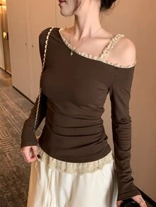 DAZY Women's Contrast Color Lace Trim Asymmetric Neck T-Shirt - Coffee Brown - View 12